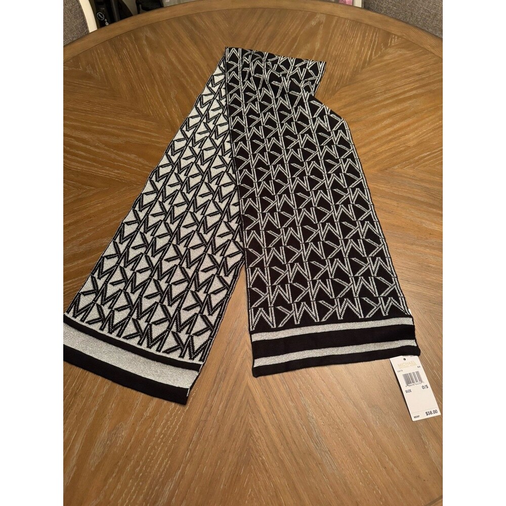 Michael Kors 62” Knit Scarf Black Silver Reversible MK Logo Monogram New $58